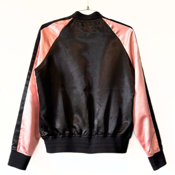 Forever 21 Embroidered Black & Pink Satin Bomber Jacket Size S - Picture 6 of 11